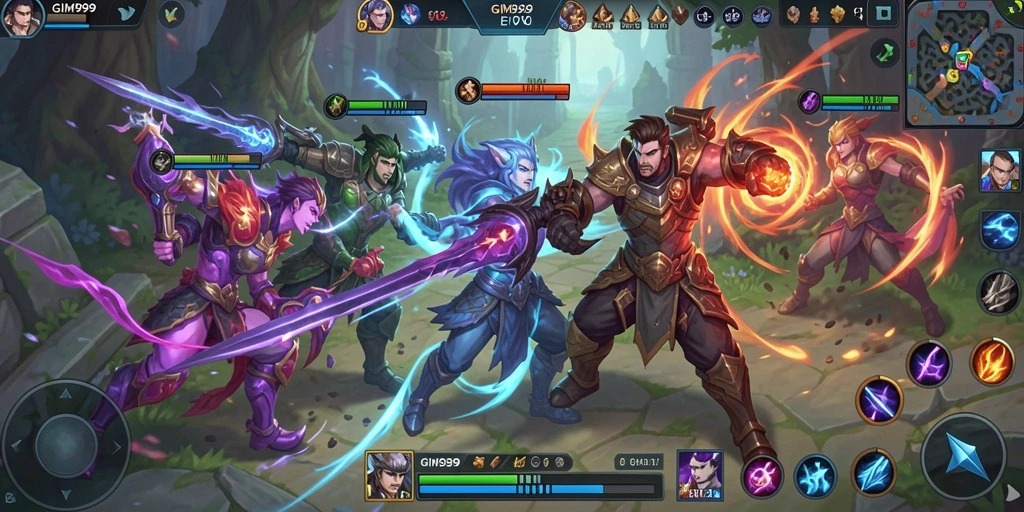 Screenshot gameplay GIM999 menunjukkan pertarungan intens antara tim di arena.